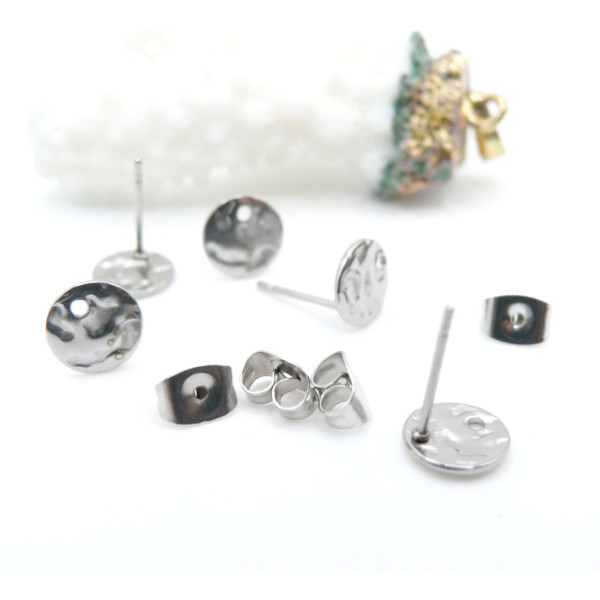 Boucles d’oreilles Puce Ronde Martelée 8mm trou embouts Acier inoxydable 304 Argenté