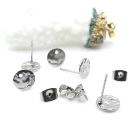 Boucles d’oreilles Puce Ronde Martelée 8mm trou embouts Acier inoxydable 304 Argenté