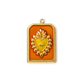 Pendentif  Rectangle avec Cœur Ex-Voto Émaillé 28 mm – Laiton Doré à l’Or Fin 18K