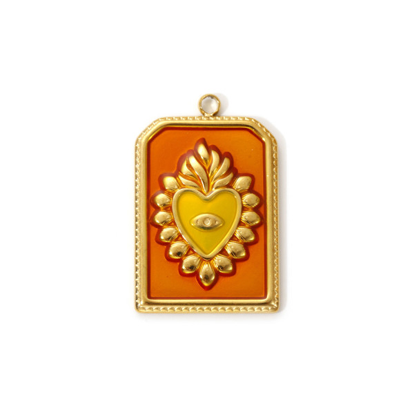 Pendentif  Rectangle avec Cœur Ex-Voto Émaillé 28 mm – Laiton Doré à l’Or Fin 18K