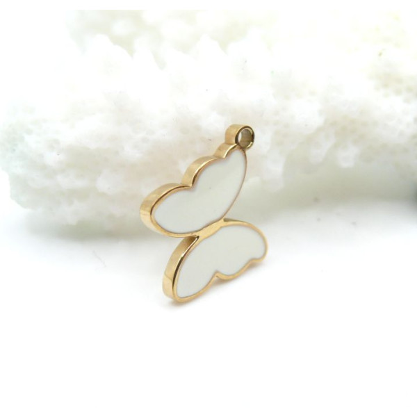 Pendentif Papillon Émaillé Blanc 12mm – Acier Inoxydable 316L Doré 18K