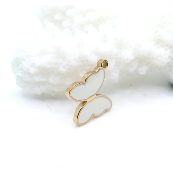 Pendentif Papillon Émaillé Blanc 12mm – Acier Inoxydable 316L Doré 18K