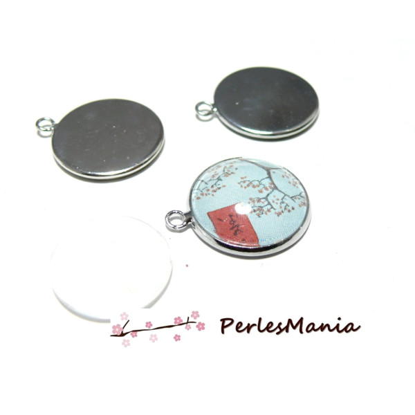 Pendentifs Attache Ronde 18mm Argent Platine + 4 Cabochons Verre 18mm
