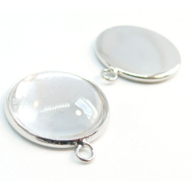 Supports de Pendentif Ronds 16mm Laiton Argent Vif + 4 Cabochons Verre