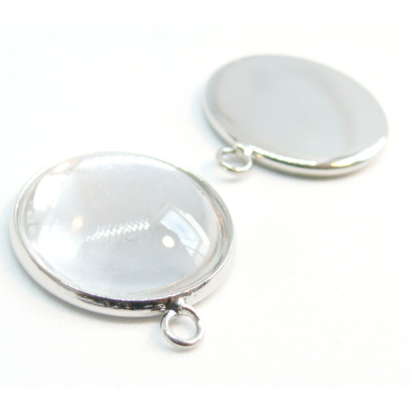 Supports de Pendentif Ronds 16mm Laiton Argent Vif + 4 Cabochons Verre