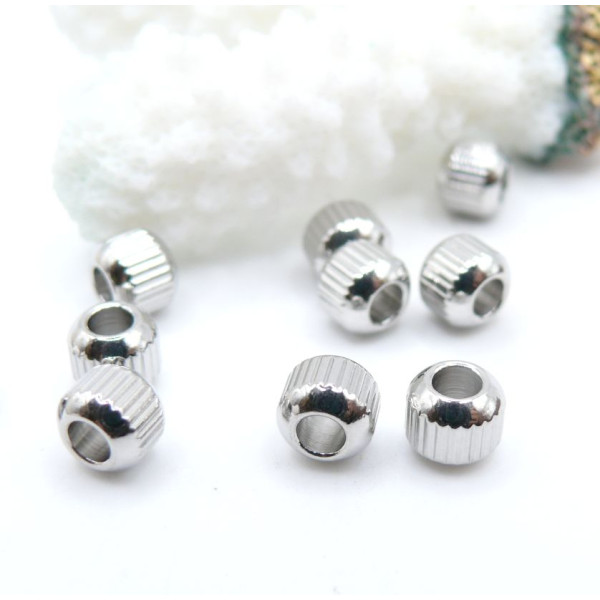 H11G13305P – Lot de 5 ou 10 Perles Intercalaires Striées 6 mm – Acier Inox 304 – Argenté