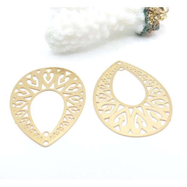 H11H18303G – Lot de 1 ou 2 Pendentifs Estampes Gouttes 36 mm – Acier Inox 304 – Doré, placage IONIQUE (IP)