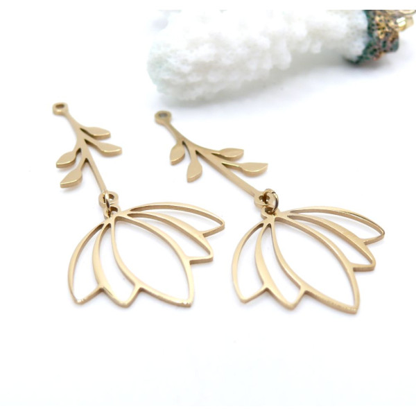 Pendentif Tige avec Fleur 52mm – Acier Inoxydable 2 Doré
