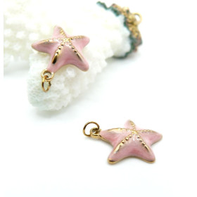 Pendentif avec Anneau Étoile de Mer Rose 16 mm en Résine Émaillée – Acier Inox 304 – Doré à l’Or fin 18K, placage IONIQUE (IP)