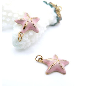 Pendentif avec Anneau Étoile de Mer Rose 16 mm en Résine Émaillée – Acier Inox 304 – Doré à l’Or fin 18K, placage IONIQUE (IP)
