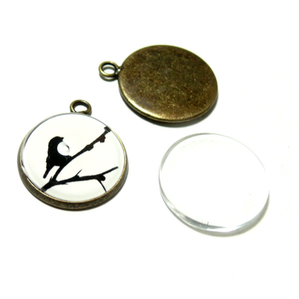 Supports de Pendentif Attache Ronde 25mm Bronze et 5 Cabochons en Verre