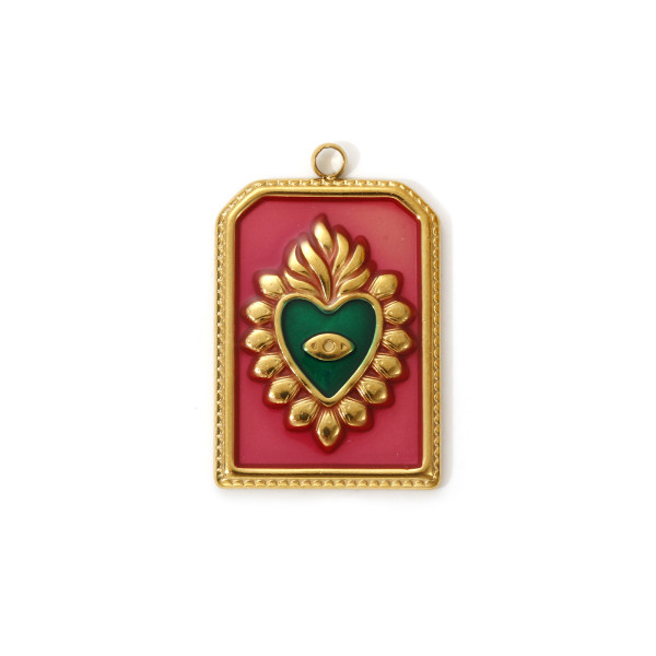 Pendentif  Rectangle avec Cœur Ex-Voto Émaillé 28 mm – Laiton Doré à l’Or Fin 18K