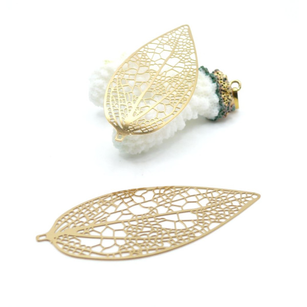 Pendentifs,  Estampes Feuille ajourée  64 mm, Acier Inox 304  Doré à l’Or fin 18K
