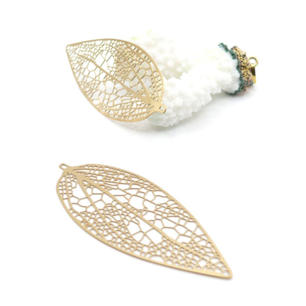 Pendentifs,  Estampes Feuille ajourée  64 mm, Acier Inox 304  Doré à l’Or fin 18K