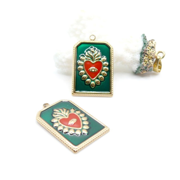Pendentif  Rectangle avec Cœur Ex-Voto Émaillé 28 mm – Laiton Doré à l’Or Fin 18K