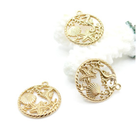 Pendentif Médaillon 20 mm Océan, Mer – Acier Inoxydable – Doré à l’Or fin 18K, placage IONIQUE (IP)
