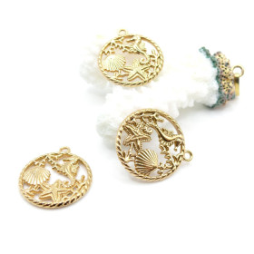 Pendentif Médaillon 20 mm Océan, Mer – Acier Inoxydable – Doré à l’Or fin 18K, placage IONIQUE (IP)