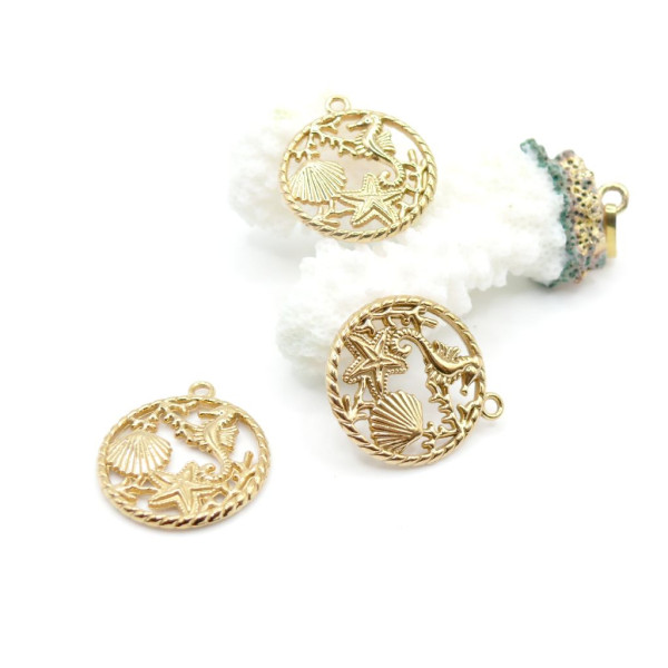 Pendentif Médaillon 20 mm Océan, Mer – Acier Inoxydable – Doré à l’Or fin 18K, placage IONIQUE (IP)