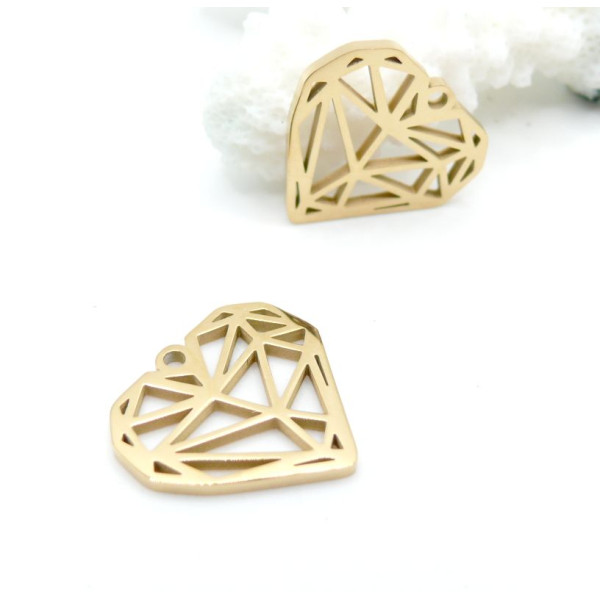 Pendentif Cœur Origami 20 mm – Acier Inoxydable – Doré
