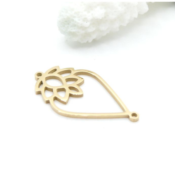 Pendentif Connecteur Goutte et Fleur de Lotus 27 mm – Acier Inox 304 – Doré
