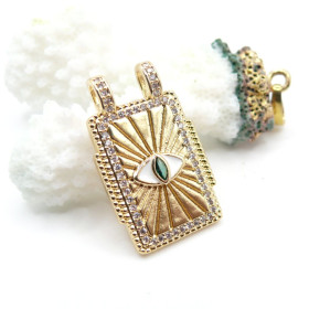 Pendentif Rectangle 27 mm Amulette Œil de Protection en Résine Émaillée – Laiton – Doré à l’Or fin 18K