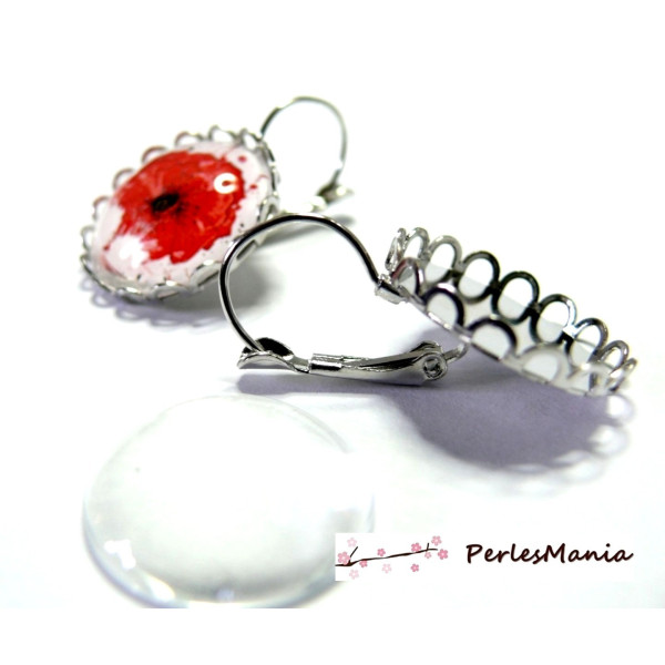 Supports Boucles d’oreille Dormeuse Vague 16mm Argent Platine et 2 Cabochons Verre
