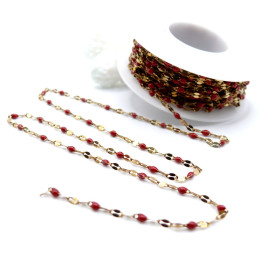 Chaîne Maille Navette avec Résine Émaillée ROUGE 10 × 4 mm – Acier Inoxydable 304 Doré IONIQUE