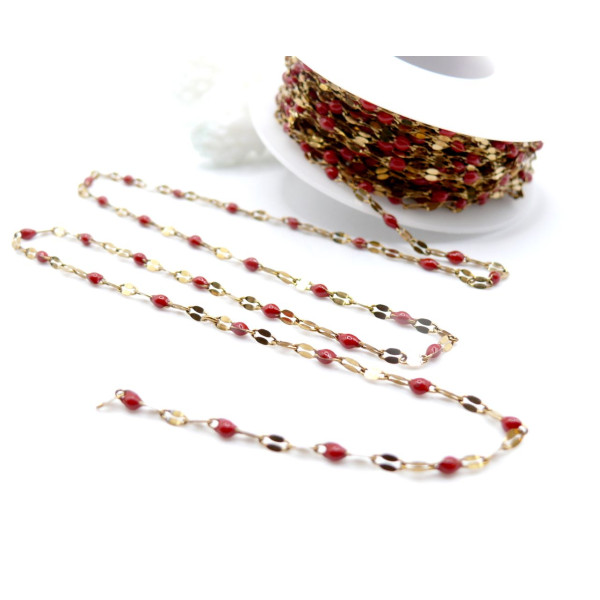 Chaîne Maille Navette avec Résine Émaillée ROUGE 10 × 4 mm – Acier Inoxydable 304 Doré IONIQUE