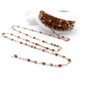 Chaîne Maille Navette avec Résine Émaillée ROUGE 10 × 4 mm – Acier Inoxydable 304 Doré IONIQUE