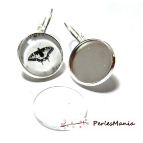 Supports Boucles d'Oreilles 12mm Argent Platine & 10 Cabochons en Verre