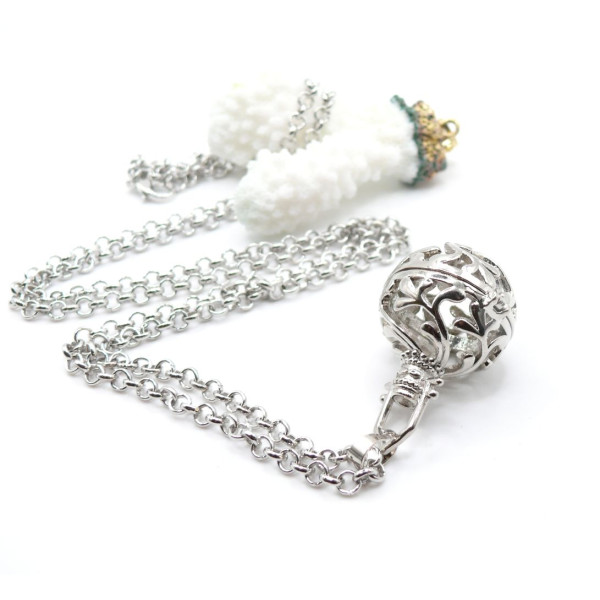 Sautoir 80,5cm Cage Bola Feuille, Corail pour Perle de Grossesse 16mm en cuivre Argent Platine