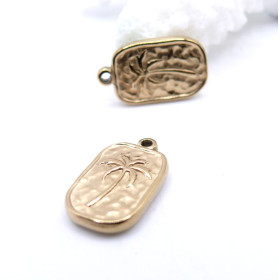 Pendentif Médaillon Rectangle Palmier 17.5 mm – Acier Inox 304 – Doré, placage IONIQUE (IP)