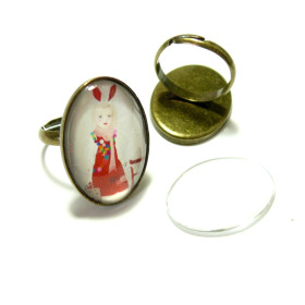 Supports de  Bagues Fines Ovale 18x25mm Bronze et 2 Cabochons Ovales Verre