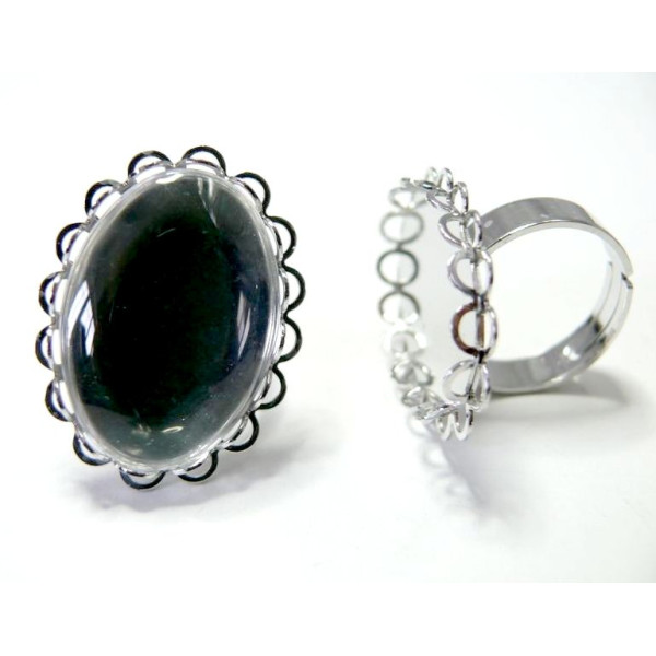 Supports de bagues double vague 18 x 25mm laiton Argent Platine et 2 cabochons en verre