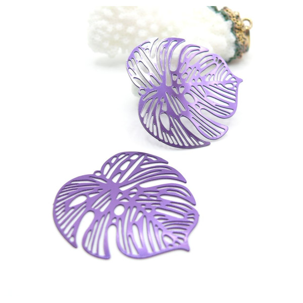 Estampes Pendentifs Filigrane Feuille de Monstera 32 mm – Acier Inox 304 – VIOLET