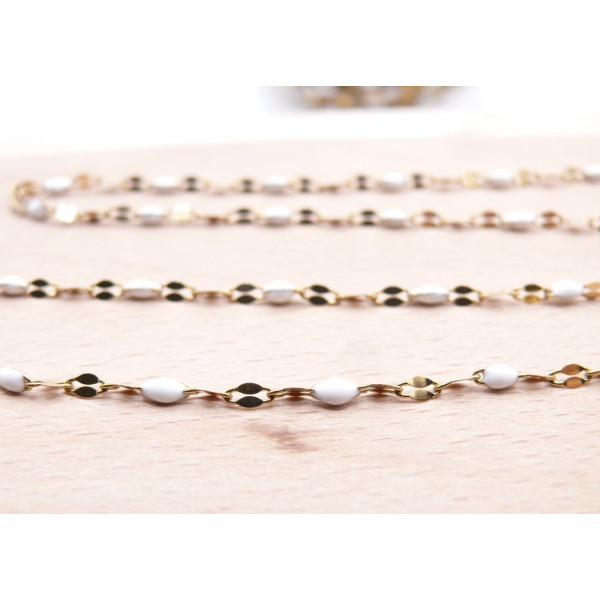 Chaîne Maille Navette avec Résine Émaillée Blanc 10 × 4 mm – Acier Inoxydable 304 Doré IONIQUE