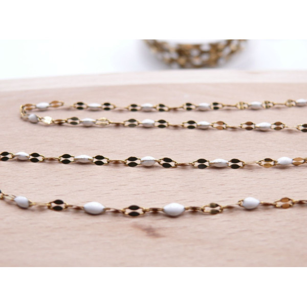 Chaîne Maille Navette avec Résine Émaillée Blanc 10 × 4 mm – Acier Inoxydable 304 Doré IONIQUE