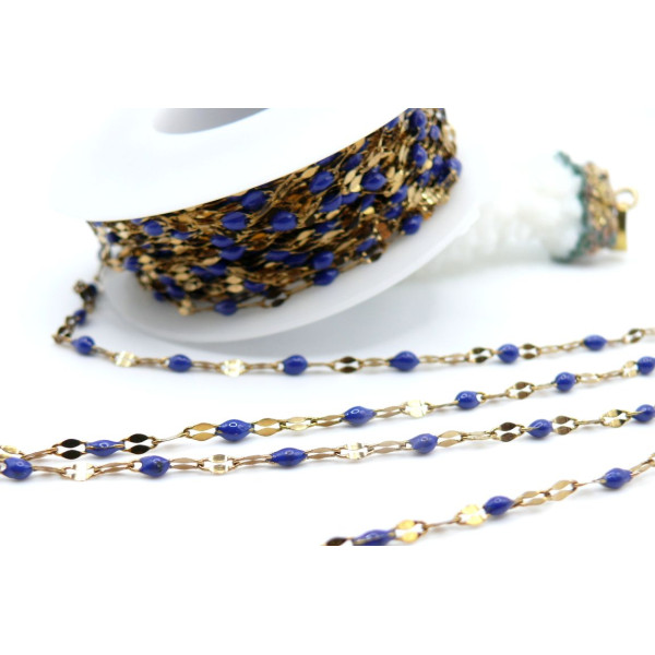 Chaîne Maille Navette avec Résine Émaillée BLEU – Acier Inoxydable 304 Doré IONIQUE