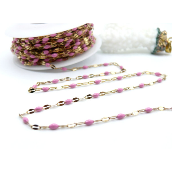 Chaîne Maille Navette avec Résine Émaillée ROSE – Acier Inoxydable 304 Doré IONIQUE