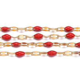 Chaîne Maille Navette avec Résine Émaillée ROUGE – Acier Inoxydable 304 Doré IONIQUE