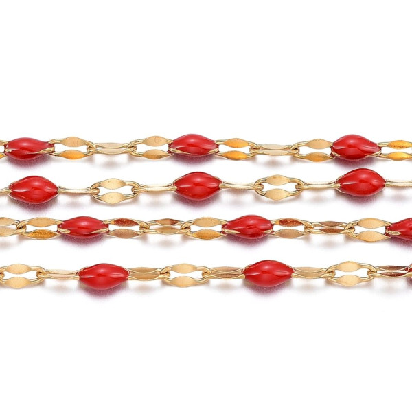 Chaîne Maille Navette avec Résine Émaillée ROUGE – Acier Inoxydable 304 Doré IONIQUE