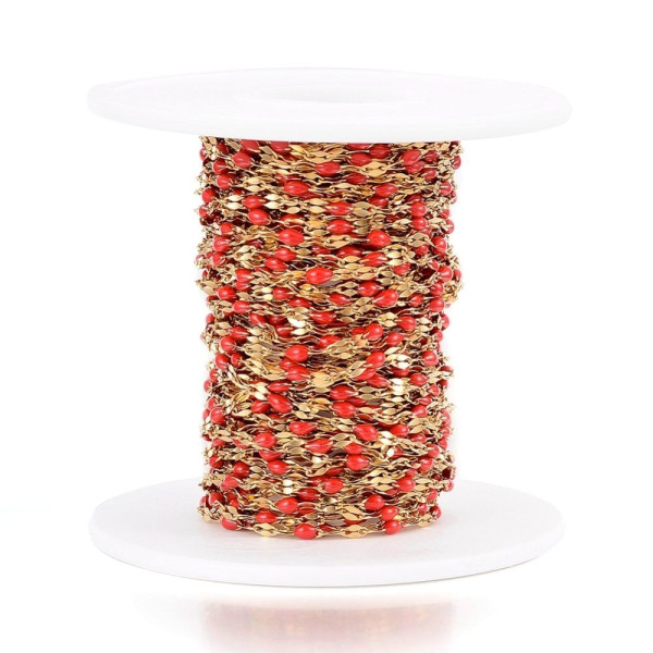 Chaîne Maille Navette avec Résine Émaillée ROUGE – Acier Inoxydable 304 Doré IONIQUE