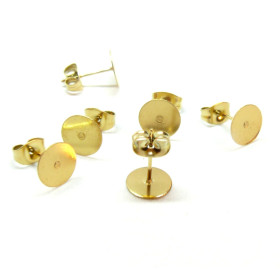 Boucles d'oreille Puce plateau lisse Rond 8mm avec embouts,  Acier Inoxydable 304 Doré à l'or fin 18K, placage IONIQUE