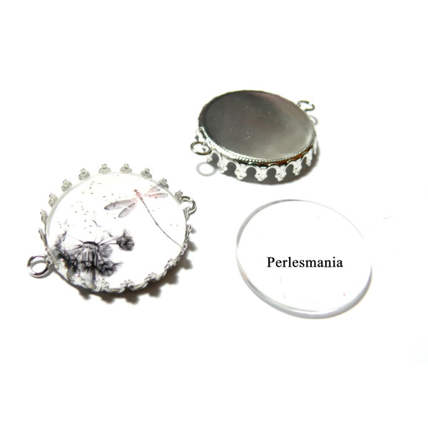 Connecteurs Rond 30mm Argent Platine GRIFFE et 4 Cabochons en Verre 30mm