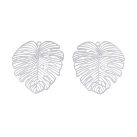 Estampes Pendentif Filigrane Feuille de Monstera, Feuille Exotique 30 mm – Acier Inoxydable – Argent Platine