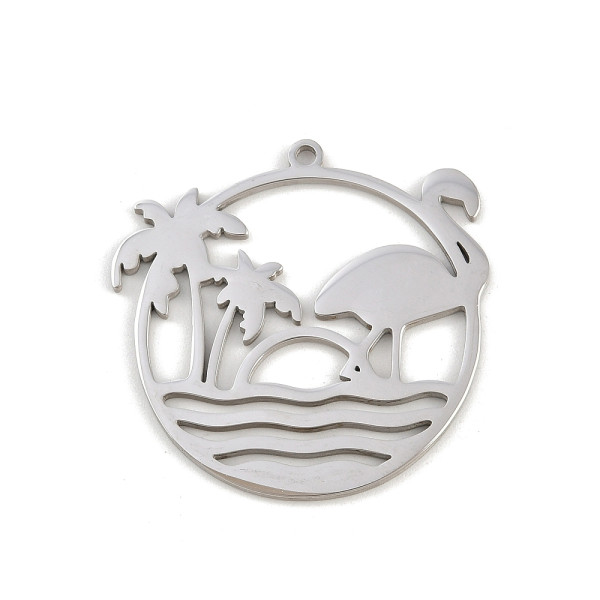 Pendentifs Cercle Été, Palmier et Flamant Rose 30 mm – Acier Inox 304 – Argenté