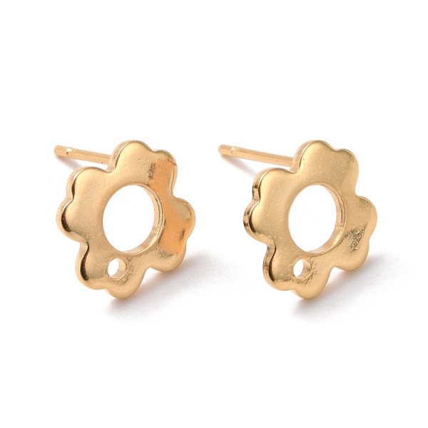 Boucles d’Oreilles Puces Forme Fleur 10 mm  avec trou d'attache– Acier Inox 304 – Doré à l’Or fin 24K