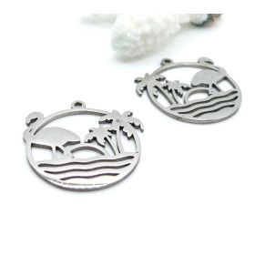 Pendentifs Cercle Été, Palmier et Flamant Rose 30 mm – Acier Inox 304 – Argenté
