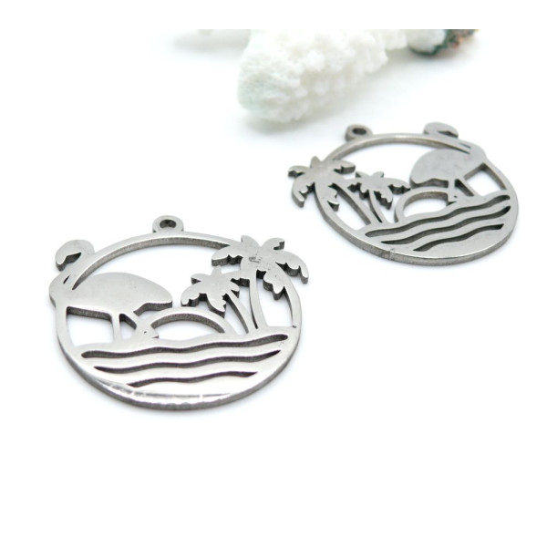 Pendentifs Cercle Été, Palmier et Flamant Rose 30 mm – Acier Inox 304 – Argenté