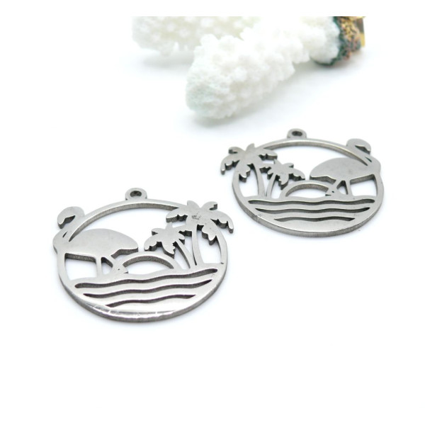 Pendentifs Cercle Été, Palmier et Flamant Rose 30 mm – Acier Inox 304 – Argenté